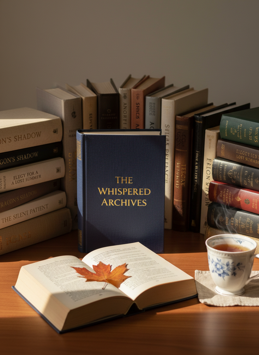 A hardback novel with a deep indigo dust jacket, gold-foil title, and a single pressed leaf tucked halfway through the pages lies open on a walnut desk. Around it, neat stacks of varied books—fantasy, thrillers, and literary fiction with richly textured spines—create a subtle arc. A porcelain mug of tea rests on a linen coaster nearby. Late-afternoon natural light from an unseen window washes across the scene, catching in the gilded lettering and casting soft-edged shadows. Shot at eye level with a shallow depth of field so the open pages are in crisp focus and the background books fall into a gentle bokeh. The photographic realism feels sophisticated, calm, and inviting, perfect for a refined book blog homepage hero image.