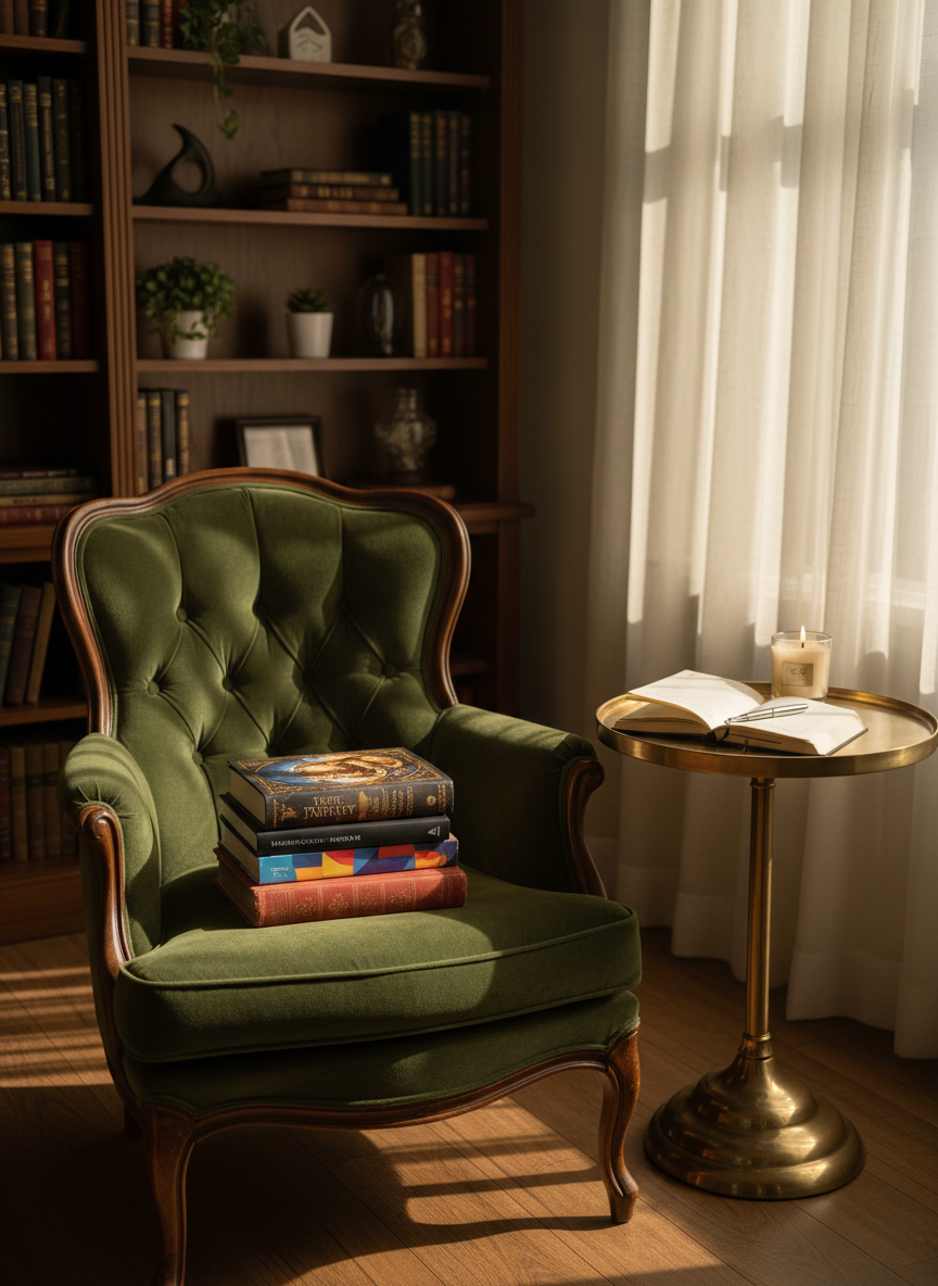 An elegant reading nook centered on an overstuffed, dark-green velvet armchair, its seat occupied by a carefully arranged stack of four books: a fantasy with ornate cover art on top, followed by a sleek minimalist thriller, a colorful contemporary novel, and a classic with worn cloth binding. Beside the chair, a round brass side table holds a leather-bound notebook, a fountain pen, and a candle mid-burn. Warm golden-hour light filters through sheer curtains, creating long, soft shadows and a cozy glow on the book spines. Photographed from a slightly elevated angle, with the stack of books framed by the curves of the chair and blurred bookshelves in the background, the composition is refined, photographic, and sophisticated, suggesting a space dedicated to thoughtful reading and reviews.