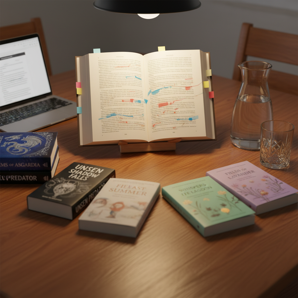 A polished oak table laid out for a virtual book club discussion: an open hardcover in the center with neatly underlined passages and color-coded sticky tabs, surrounded by a ring of closed books from different genres—fantasy with foil-stamped symbols, stark monochrome thrillers, and pastel literary paperbacks. A laptop sits to one side showing a blurred notes document, while a glass carafe of water and a single crystal tumbler catch the light. Overhead pendant lighting casts a warm, focused pool of illumination on the open pages, leaving the background in gentle softness. Photographed at a three-quarter angle, with the camera focused on the annotated text, the image feels intimate, intellectual, and photographic, conveying the thoughtful, discussion-driven side of the site.