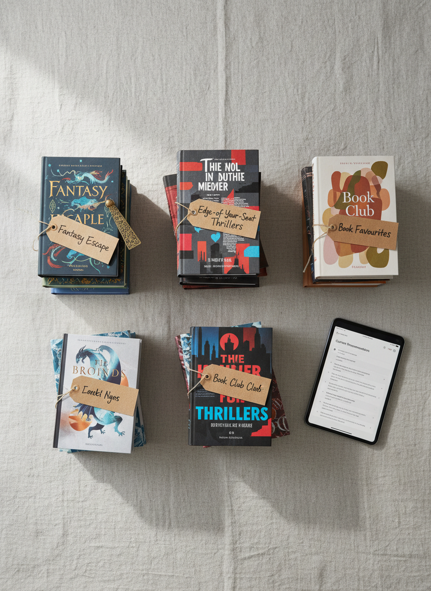 A minimalist flat lay on a pale linen cloth featuring three distinct piles of books labeled by theme using small, handwritten kraft paper tags: “Fantasy Escape,” “Edge-of-Your-Seat Thrillers,” and “Book Club Favourites.” Each stack mixes glossy and matte covers with subtle, rich colors, no faces or figures, only typography and abstract art. A slim tablet displaying a digital reading list lies to one side, and a delicate brass bookmark rests between two volumes. Soft, diffused overcast window light from the left creates almost shadowless clarity, emphasizing textures of paper and fabric. Shot directly from above in sharp photographic realism, with clean negative space at the edges, the mood is orderly, curated, and sophisticated, ideal for illustrating themed recommendation posts.