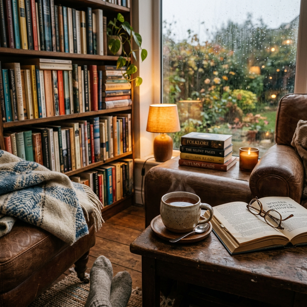 Cozy reading nook with an open book, glasses, steaming cup, blanket, bookshelves, lamp, and rainy window view