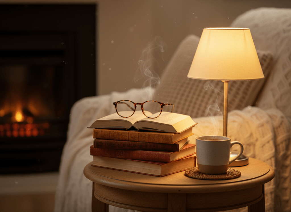 cozy stack of books with a mug and reading glasses on a small side table, warm lamplight, soft background, matches existing cozy reading nook aesthetic
