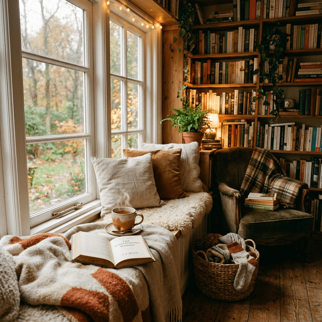 Cozy window seat with pillows, an open book, and a cup of tea inside a warmly lit room with bookshelves and plants