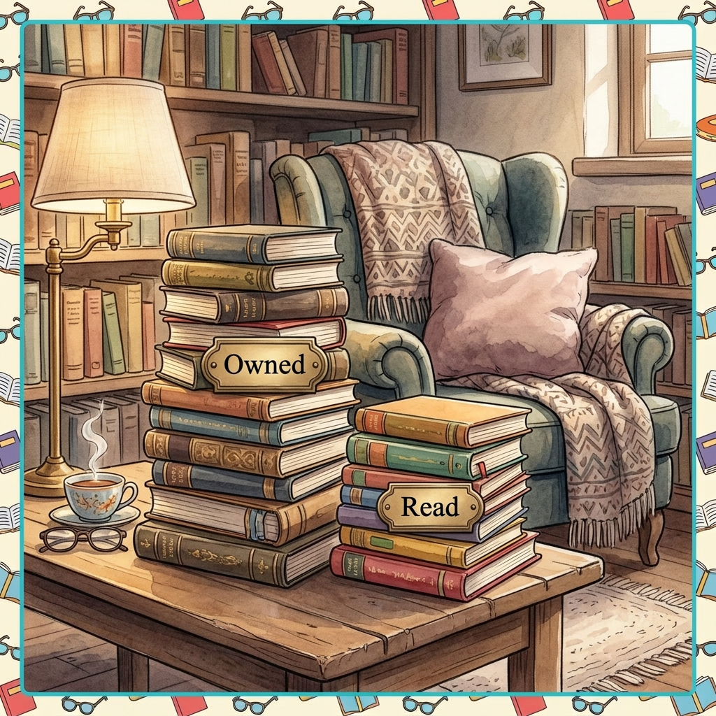 Bar chart showing books owned versus read in categories: total, fiction, non-fiction, sci-fi/fantasy, biography