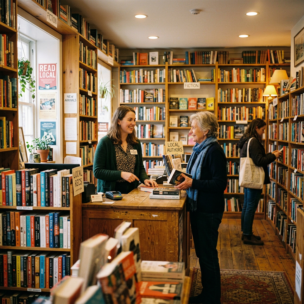 Bookstore employee smiling and helping a customer at the checkout counter