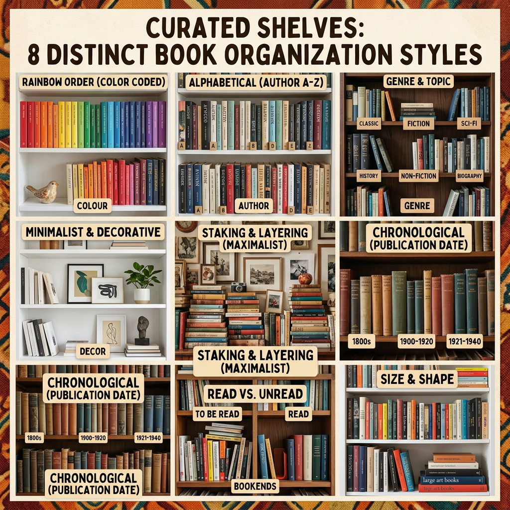 Eight curated shelves showing different book organization styles including rainbow order, alphabetical, genre, minimalist, stacking, chronological, read vs unread, and size and shape.