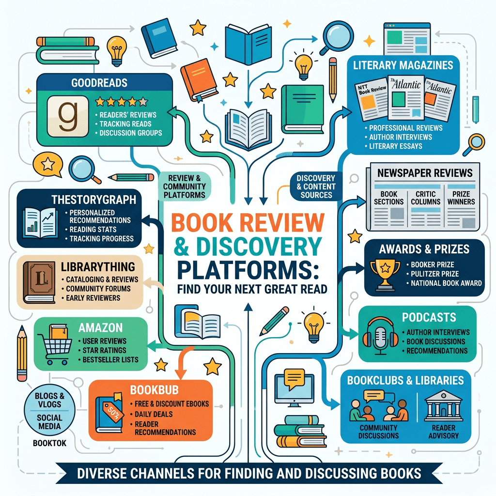 Infographic of book review and discovery platforms including Goodreads, LibraryThing, BookBub, literary magazines, newspaper reviews, awards, podcasts, and bookclubs.
